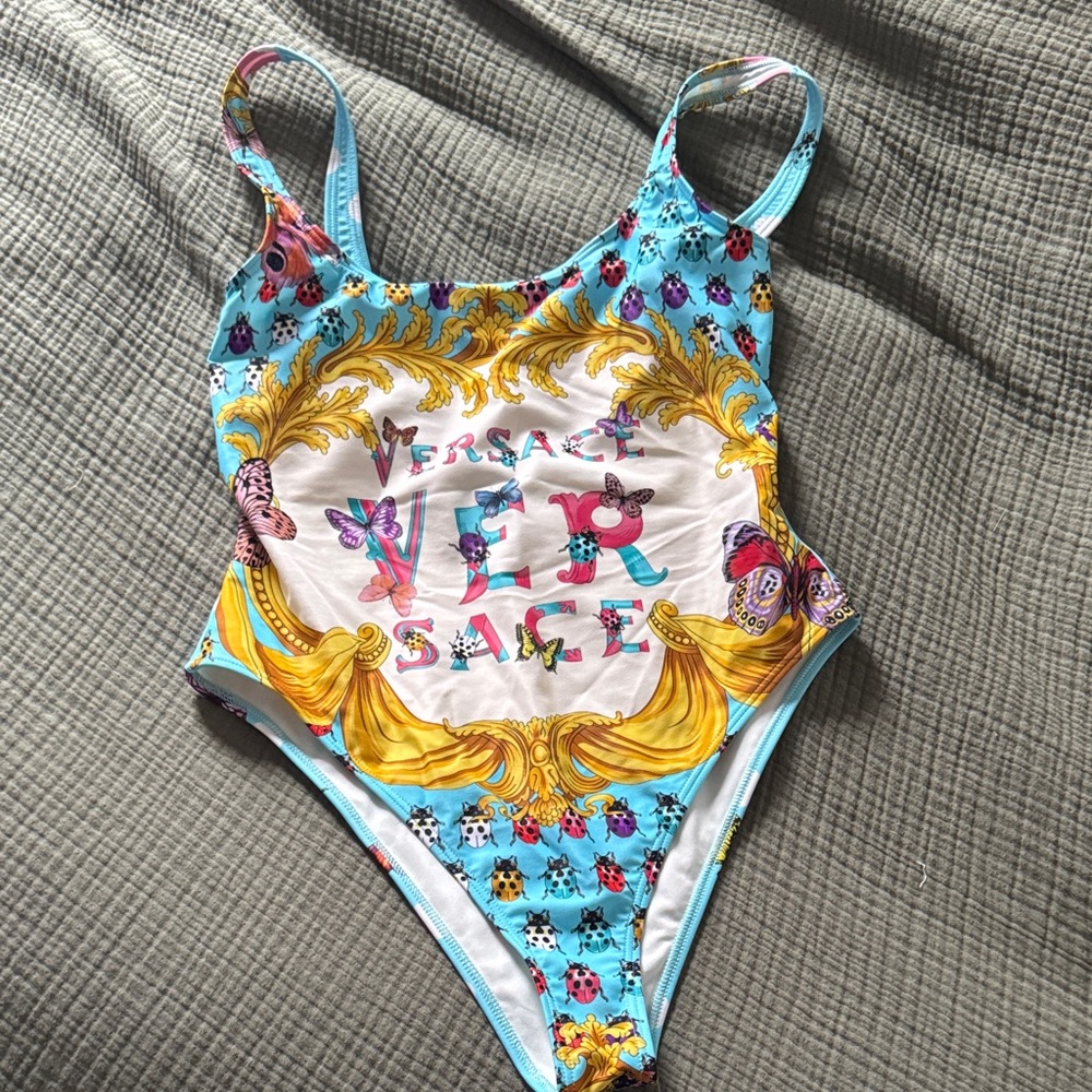 Versace women’s  Turquoise, White & Gold Baroque Logo One-Piece Swimsuit- NWT